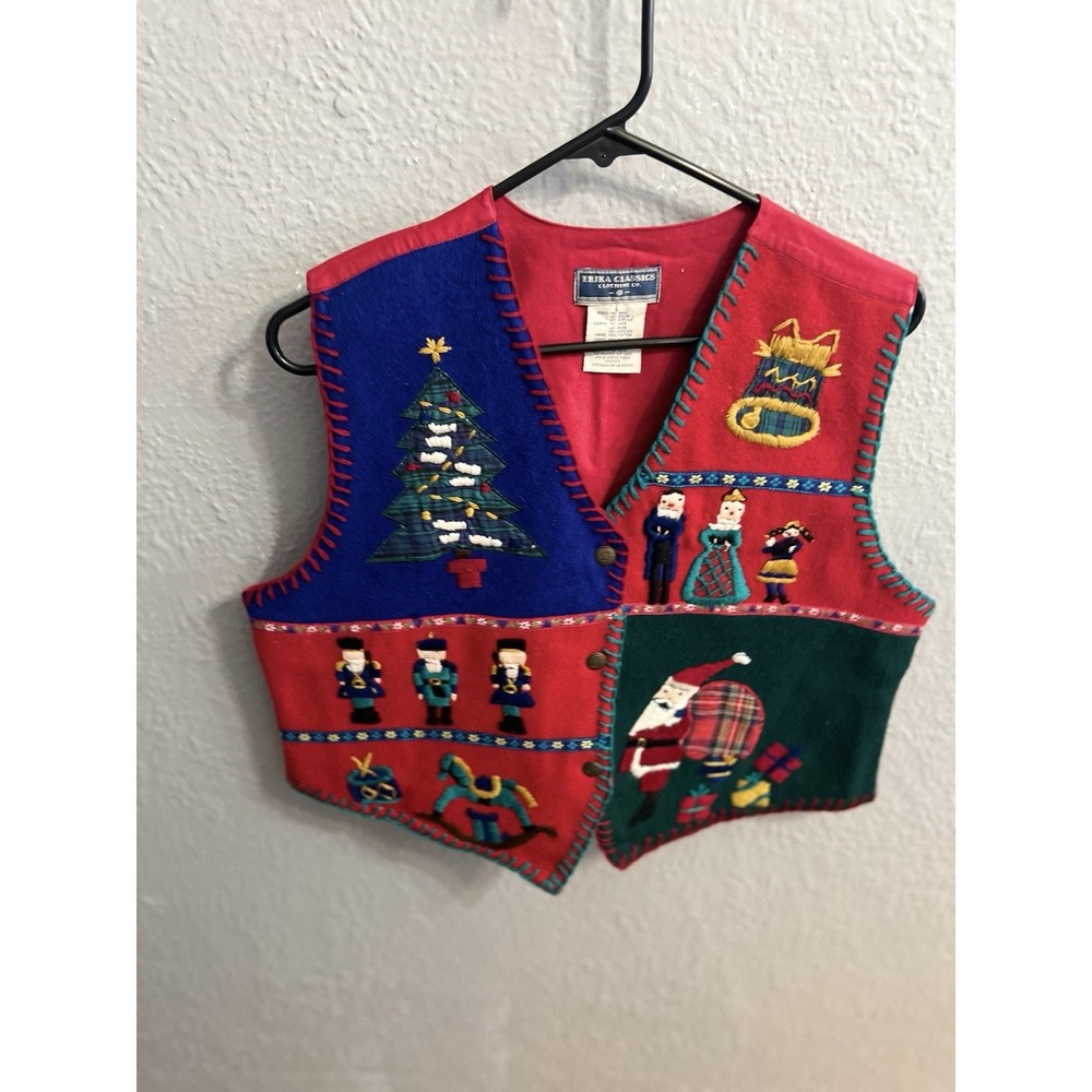 Vintage Erika Casuals Red Wool Blend Christmas Vest Embroidered Size Large